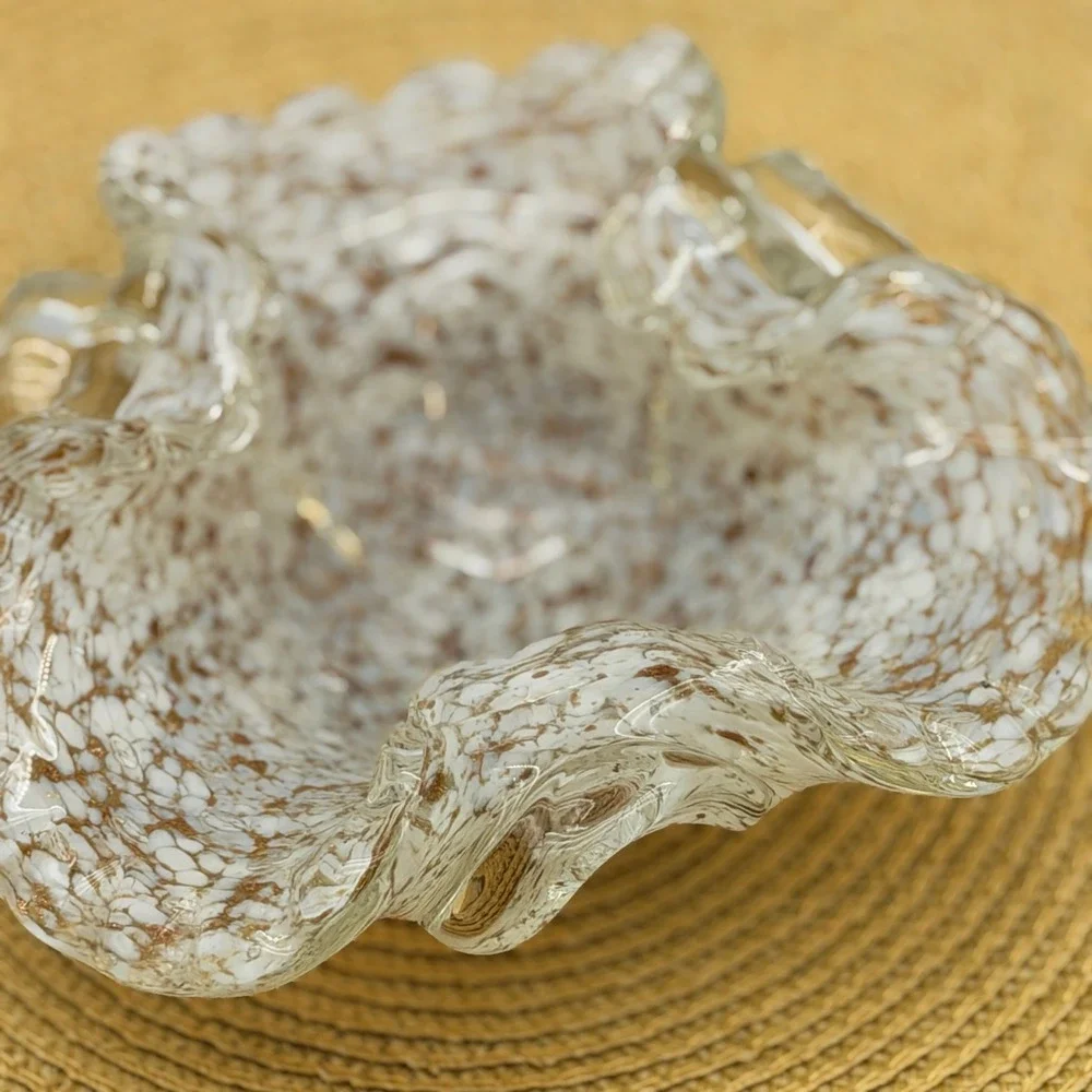 Vintage Hand Blown Art Glass Ruffled Bowl White Gold Fleck Splatter Murano Style